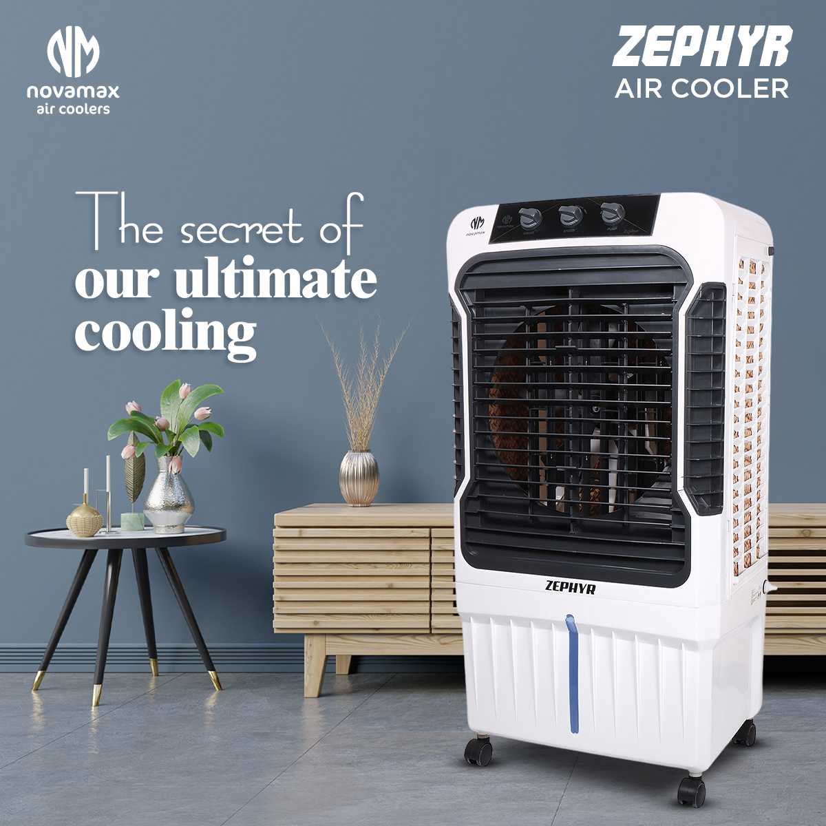 Novamax Zephyr 90 L Desert Air Cooler For Home/Office With 3-Side High Density Honeycomb Cooling Pads, Auto Swing, 4-Way Air Deflection & 3-Speed Control Technology (Black)